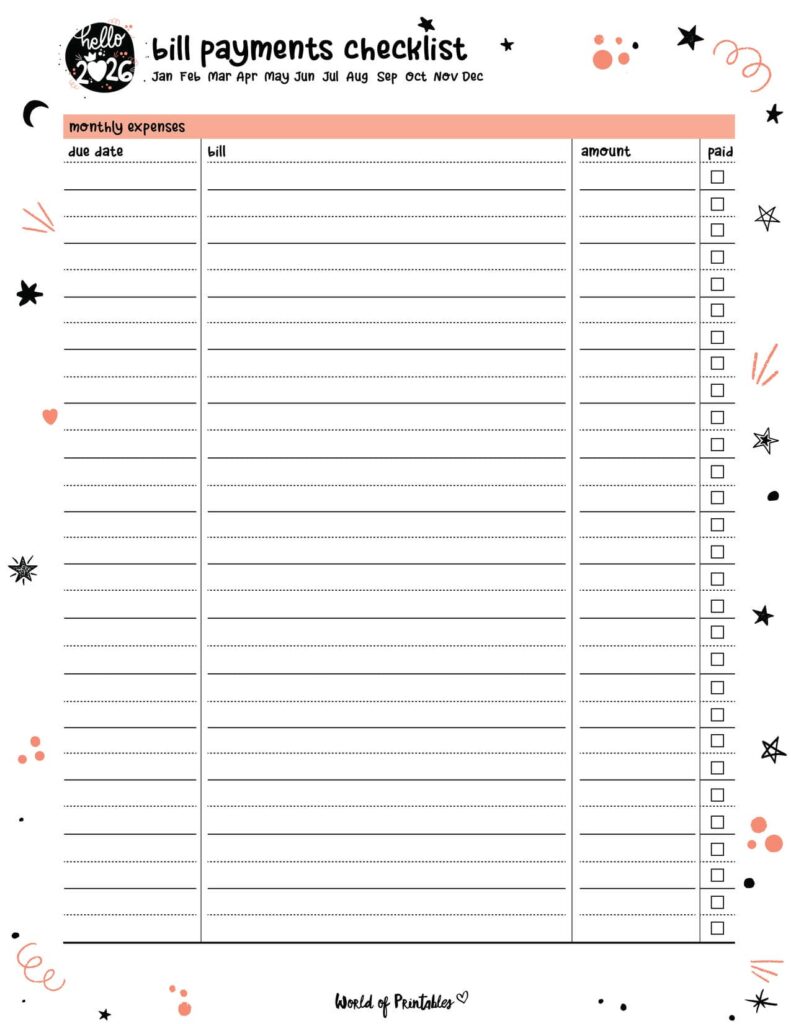 2026 Cute Bill Payments Checklist