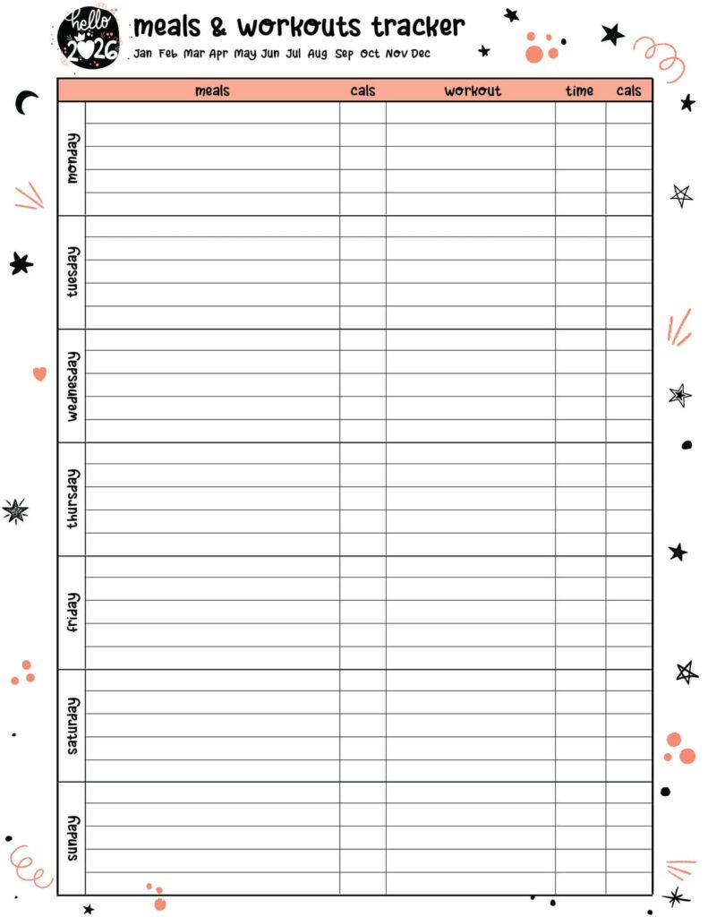 2026 Cute Meals and Workouts Tracker