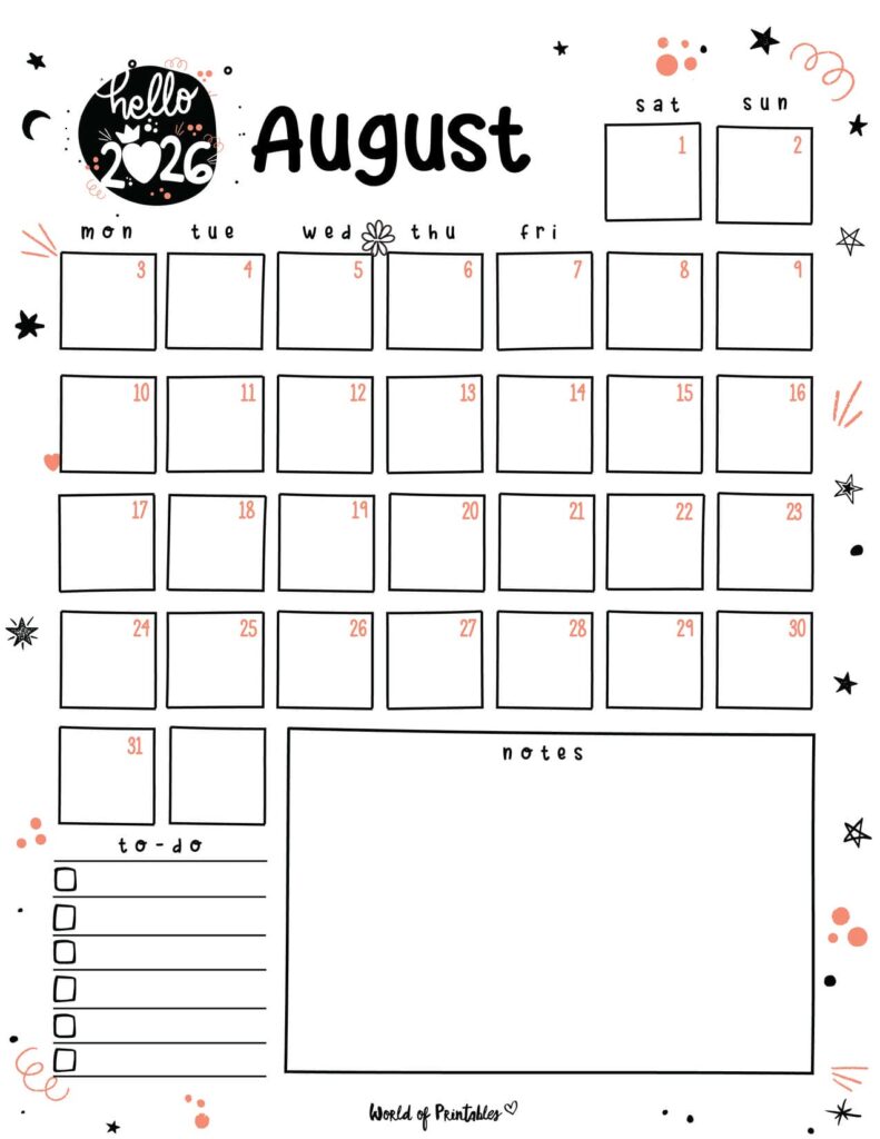 2026 Cute Planner - August Calendar