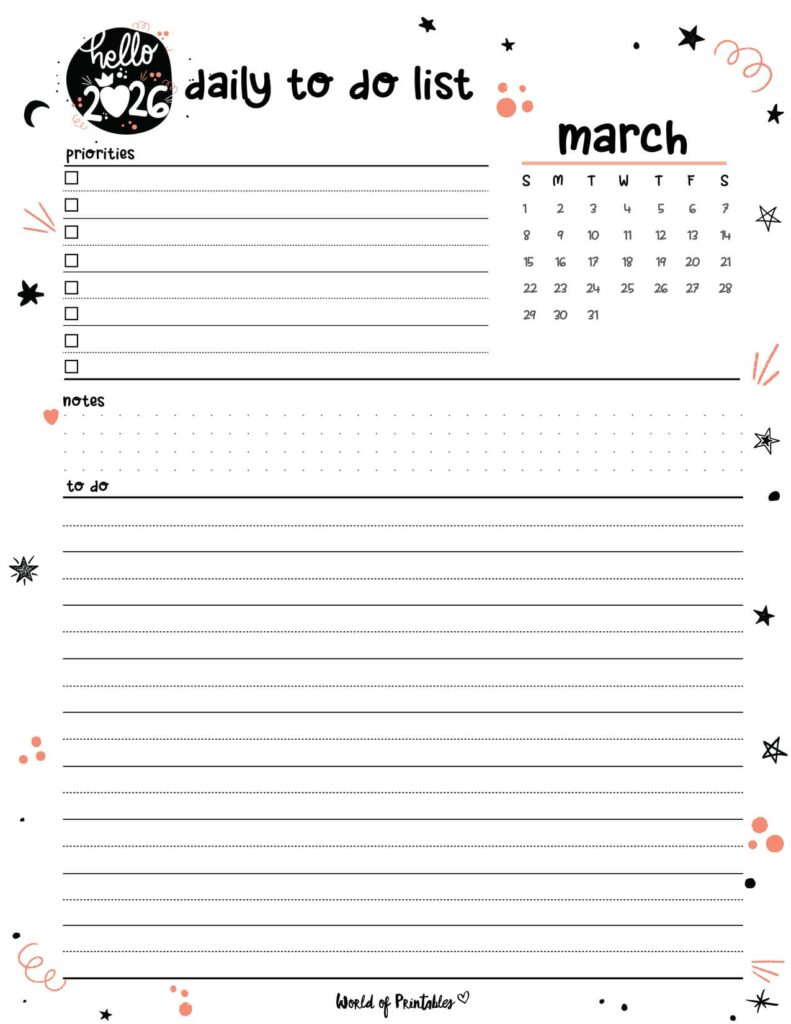 2026 Cute Planner - Daily To Do List - March