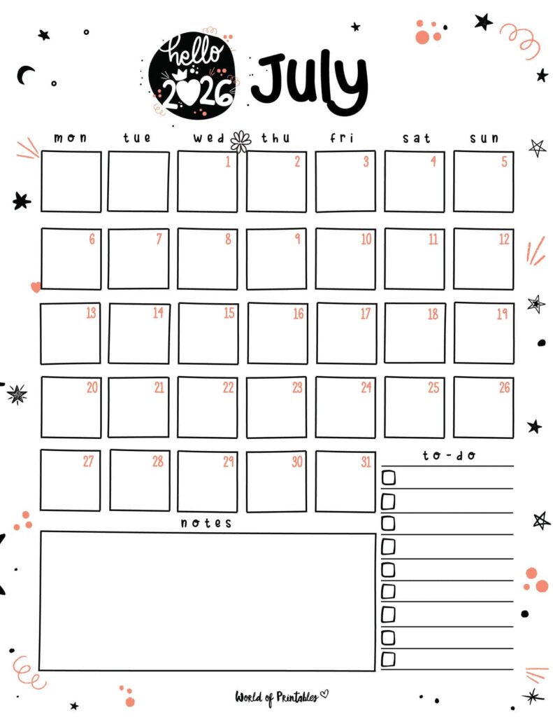 2026 Cute Planner - July Calendar
