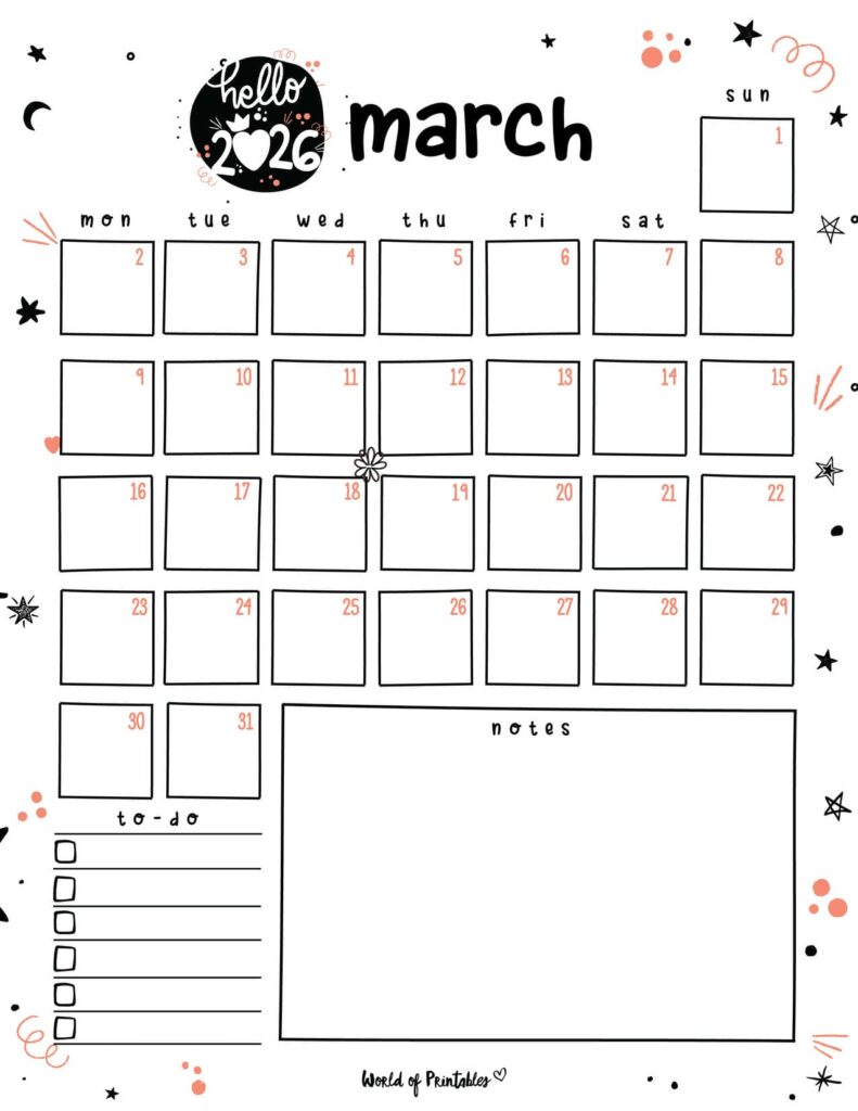2026 Cute Planner - March Calendar