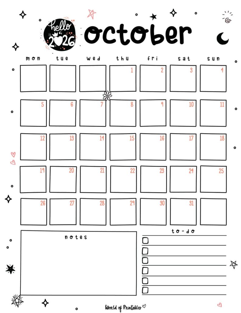 2026 Cute Planner - October Calendar
