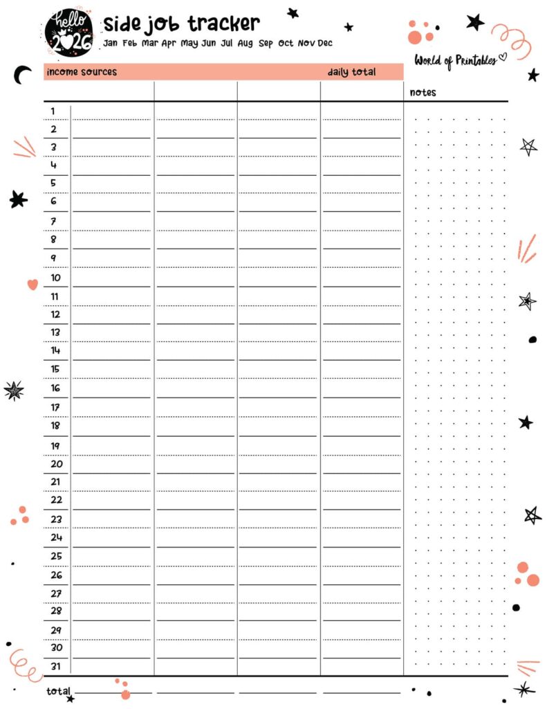 2026 Cute Side Job Tracker