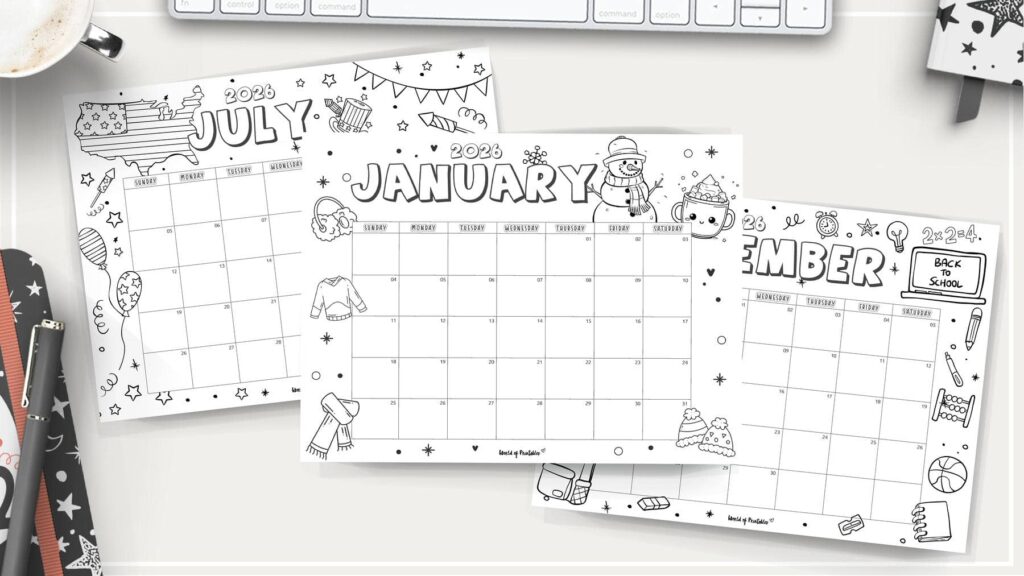 2026 coloring page calendar