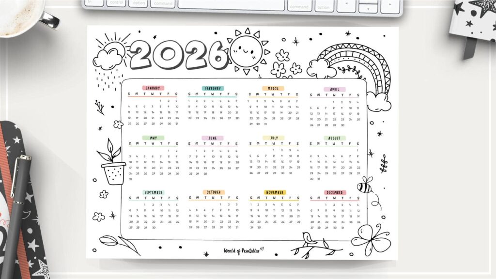 2026 year calendar coloring page