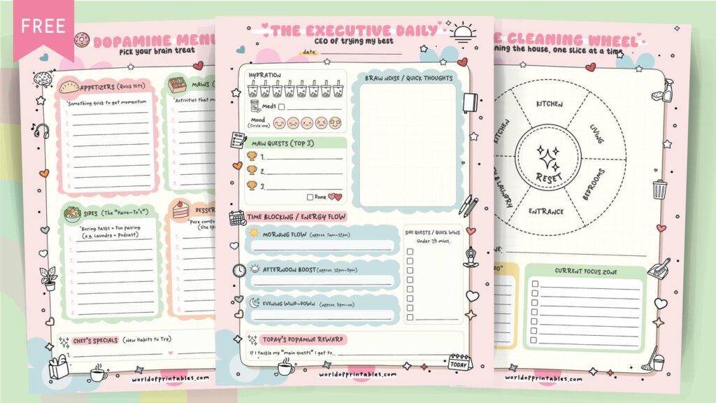 ADHD Planner Printable Dopamine Menu Executive Daily Zone Cleaning Wheel