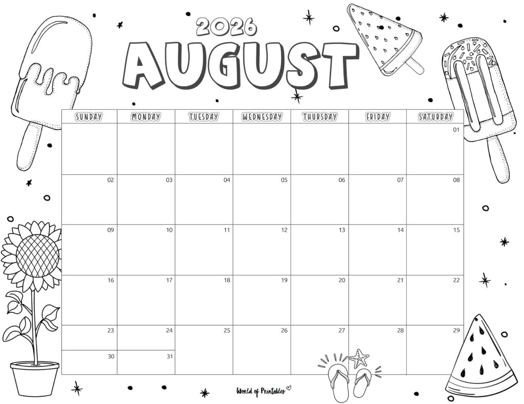 August 2026 Calendar With Cute Summer-Themed Doodles and Ample Writing Space