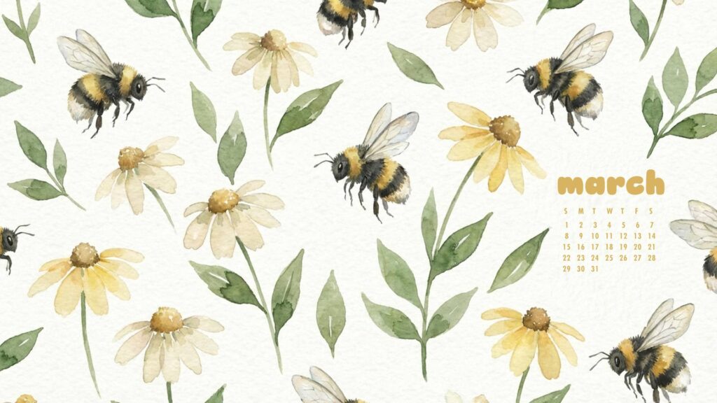 Bee March 2026 Desktop Wallpaper With Calendar