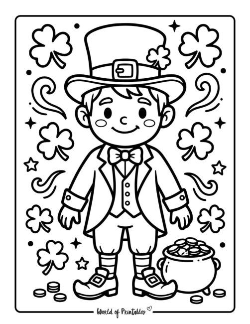 Boy Leprechaun With Pot Of Gold St Patricks Day Coloring Page