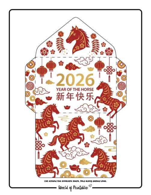 Chinese New Year Red Envelope Template 2026 Year Of The Horse Red Gold