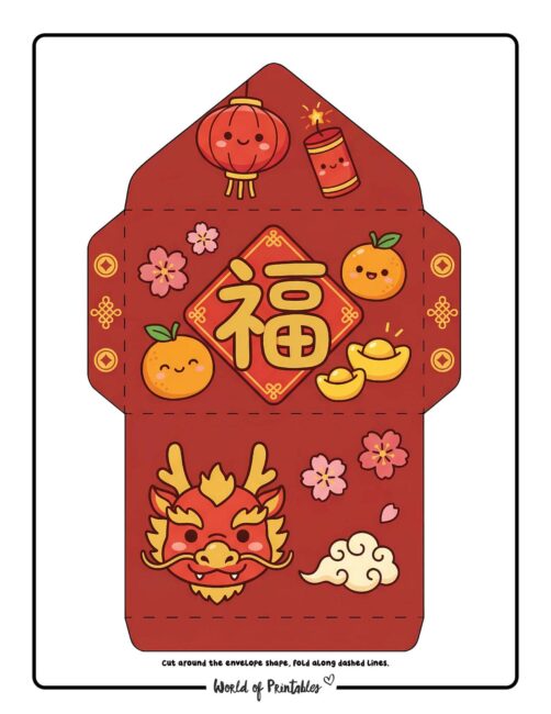 Chinese New Year Red Envelope Template Cute Dragon And Fu Symbol