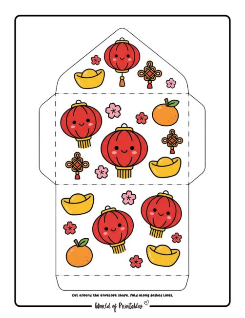 Chinese New Year Red Envelope Template Cute Lanterns And Ingots