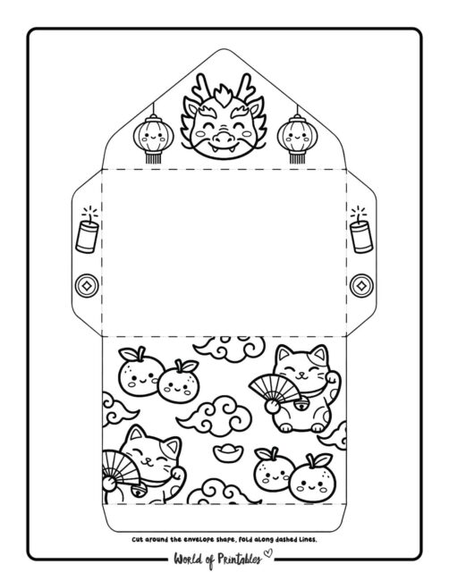 Chinese New Year Red Envelope Template Dragon And Lucky Cat Coloring