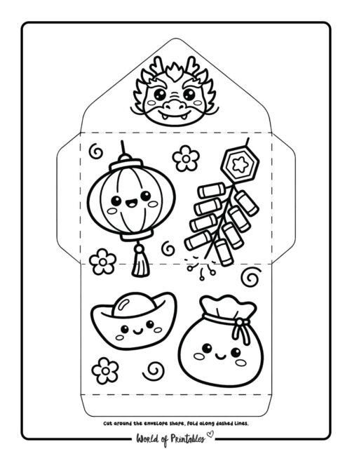 Chinese New Year Red Envelope Template Dragon And Lucky Money Bag Coloring