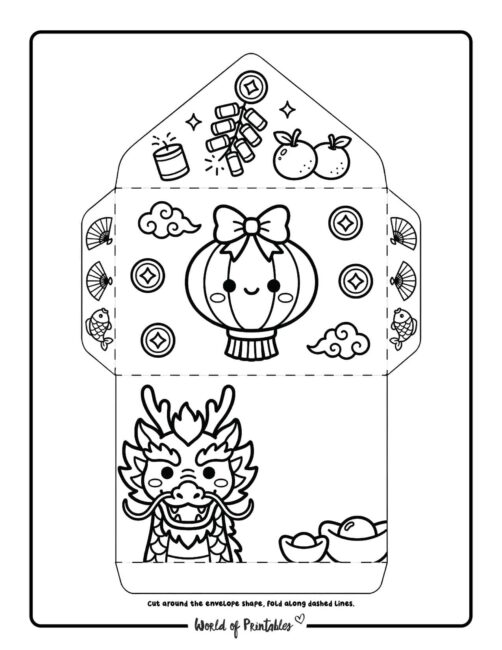 Chinese New Year Red Envelope Template Dragon Lantern And Firecrackers Coloring