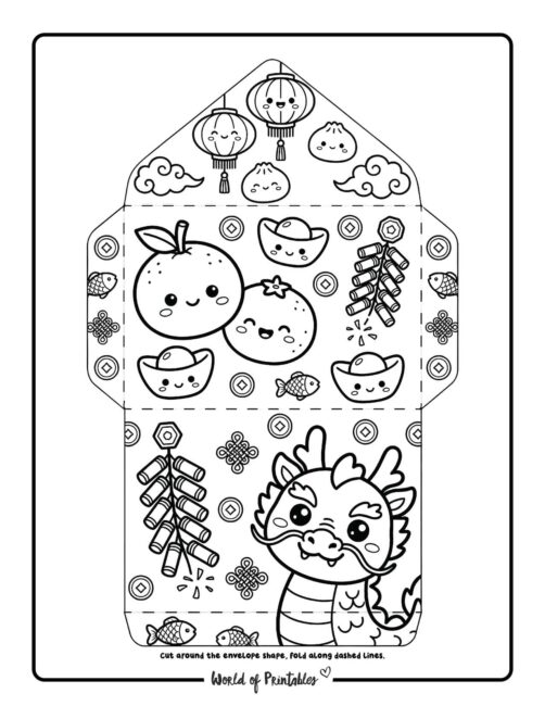 Chinese New Year Red Envelope Template Dragon Oranges And Firecrackers Coloring