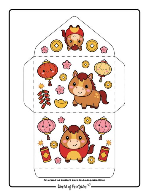 Chinese New Year Red Envelope Template Kawaii Horse And Lanterns