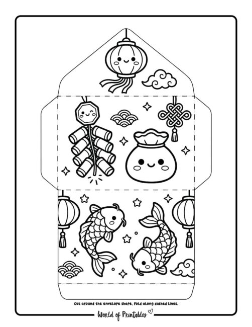 Chinese New Year Red Envelope Template Koi Fish And Lantern Coloring