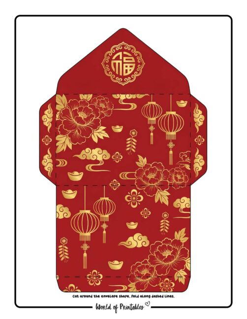 Chinese New Year Red Envelope Template Red Gold Flowers And Lanterns