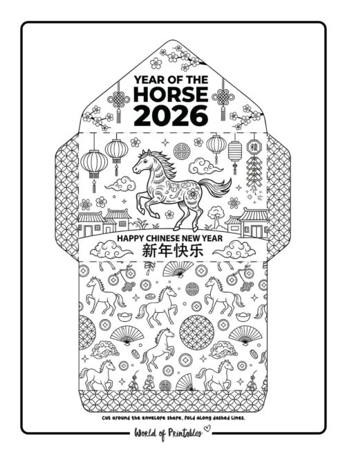 Chinese New Year Red Envelope Template Year Of The Horse 2026 Coloring