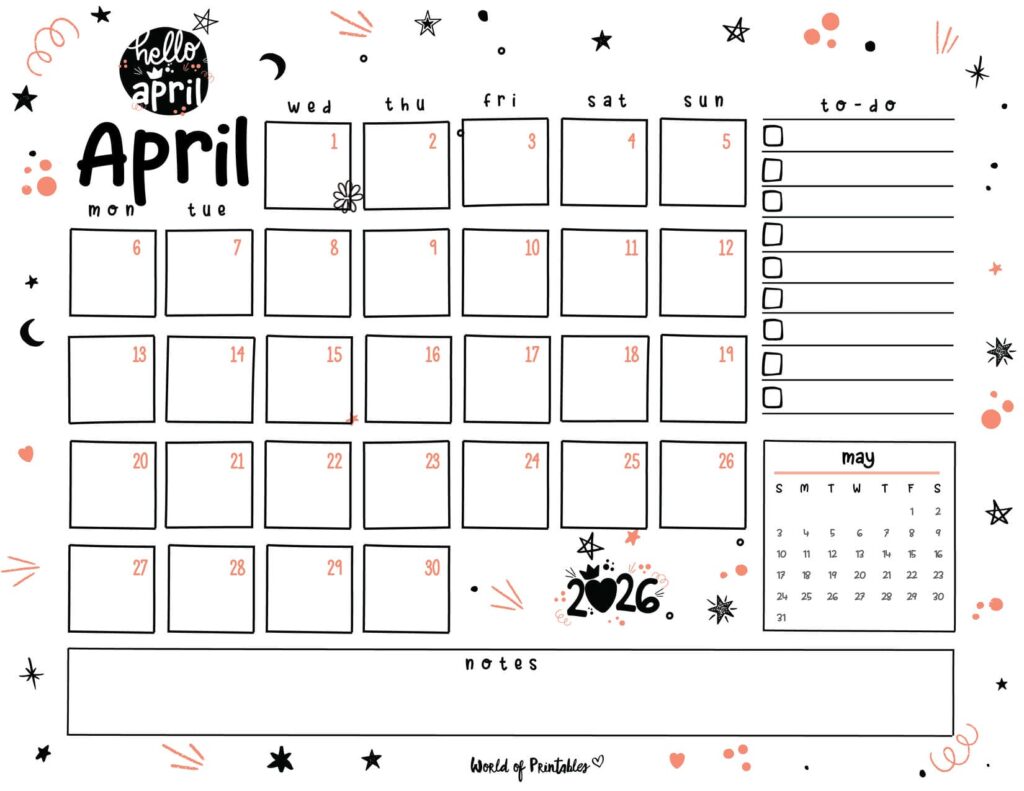 Cute April 2026 Calendar Landscape