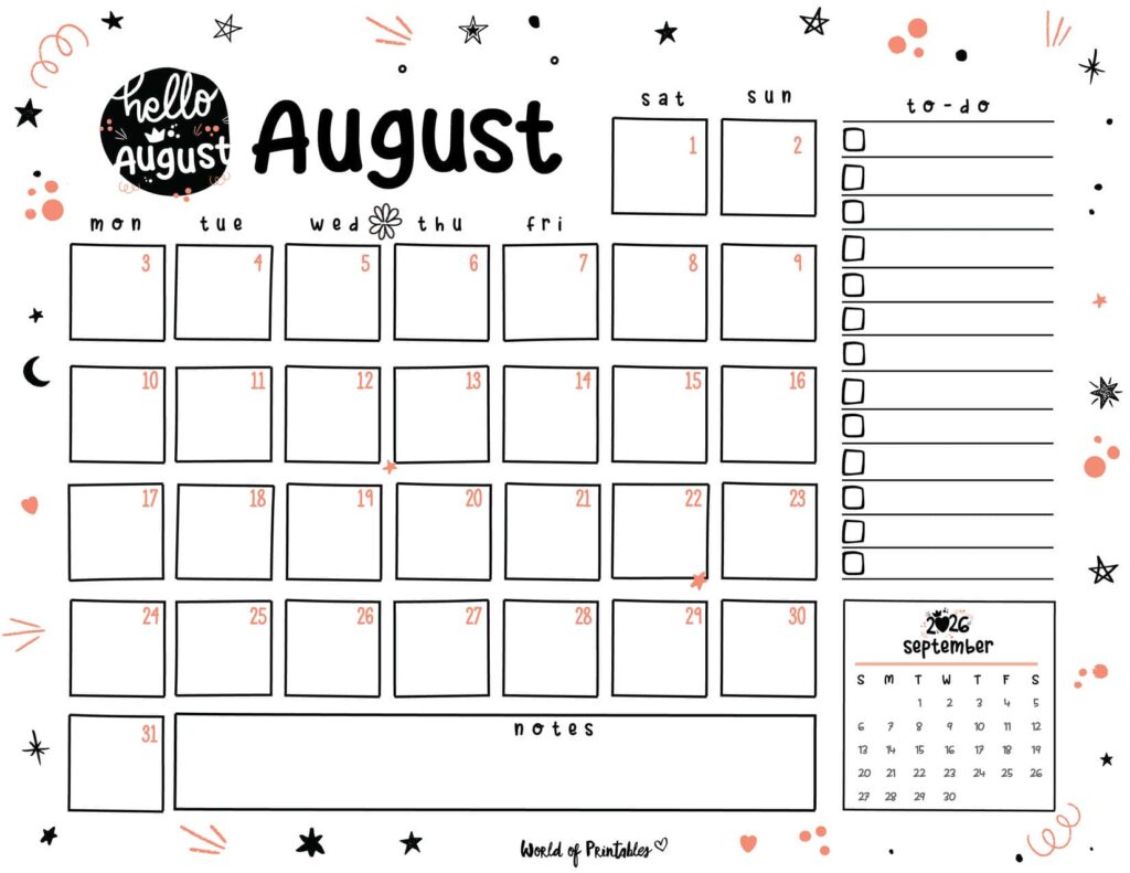 Cute August 2026 Calendar Landscape