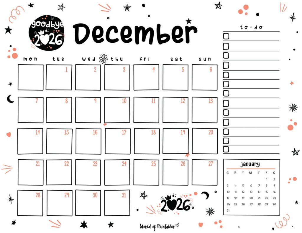 Cute December 2026 Calendar Landscape