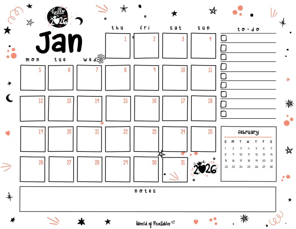 Cute January 2026 Calendar Landscape