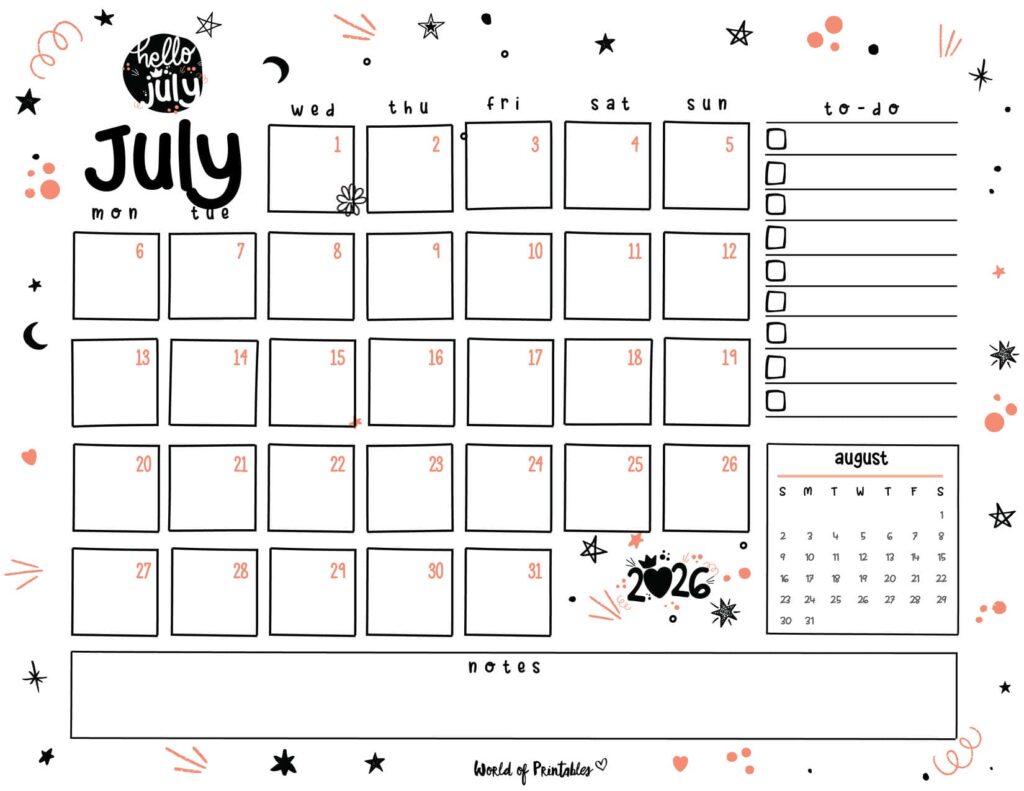 Cute July 2026 Calendar Landscape