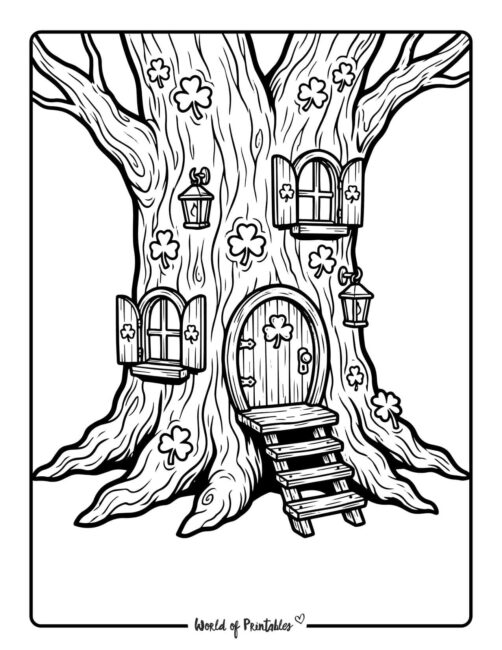 Cute Leprechaun Tree House Coloring Page