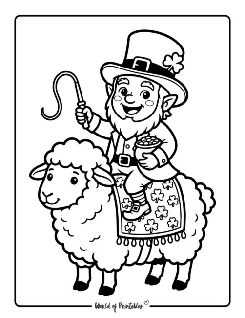 Cute Leprechaun and Sheep Coloring Page