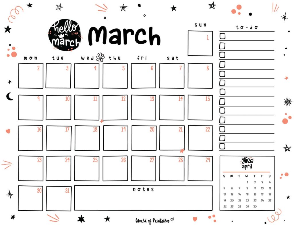 Cute March 2026 Calendar Landscape