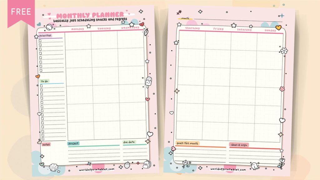 Cute Monthly Planner Printable Pages