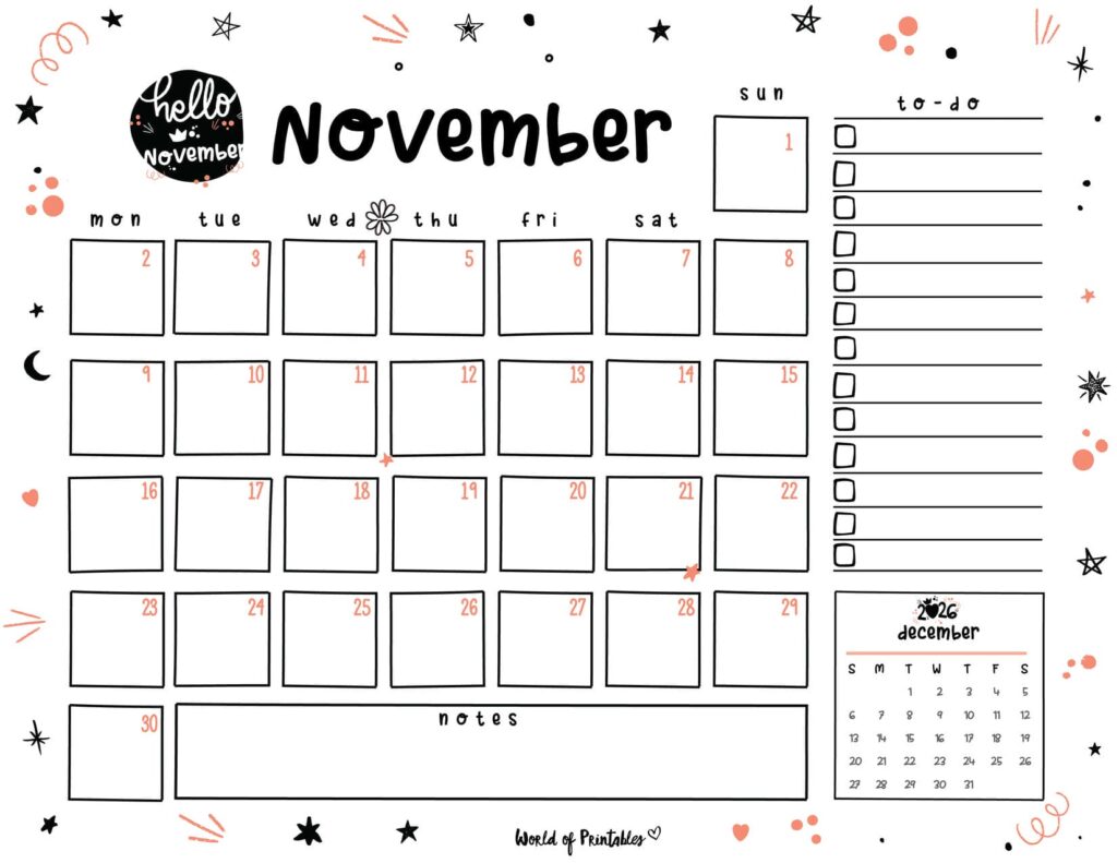 Cute November 2026 Calendar Landscape