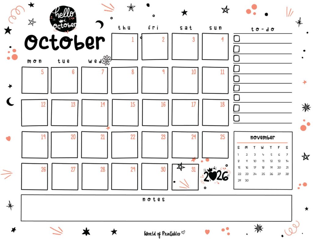 Cute October 2026 Calendar Landscape