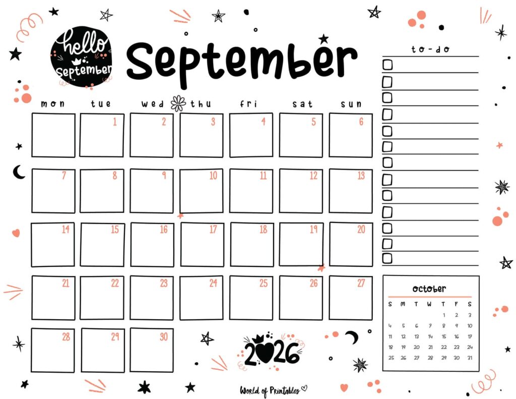 Cute September 2026 Calendar Landscape