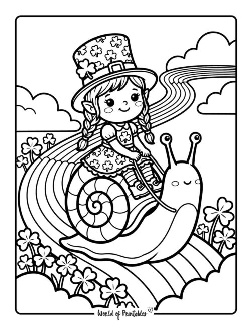 Cute Snail and Leprechaun Coloring Page