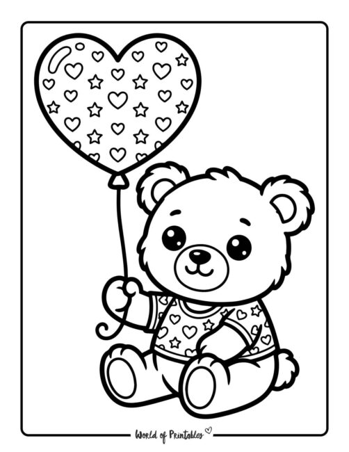 Cute Valentines Teddy Bear With Heart Balloon Coloring Page-