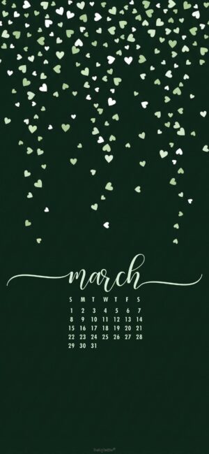 Dark Green Hearts March 2026 Phone Calendar Wallpaper