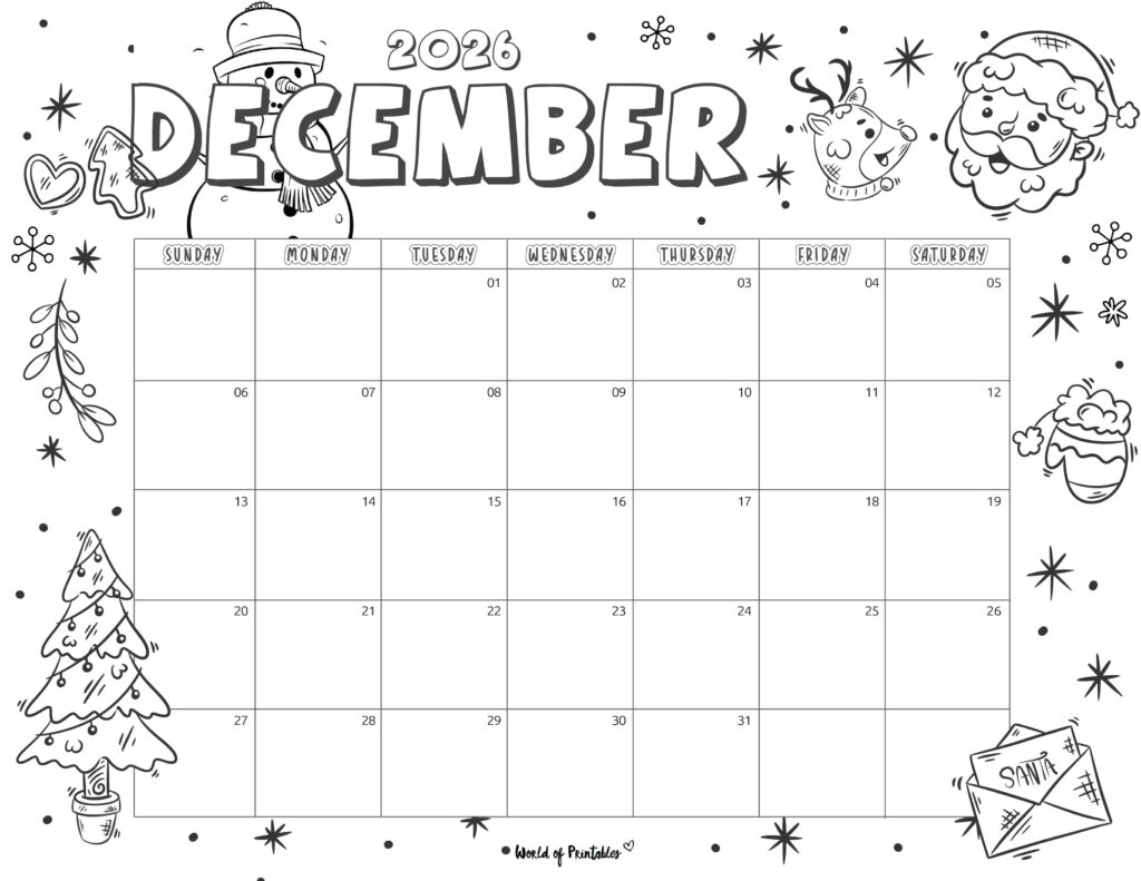 December 2026 Calendar With Cute Christmas-Themed Doodles and Ample Writing Space