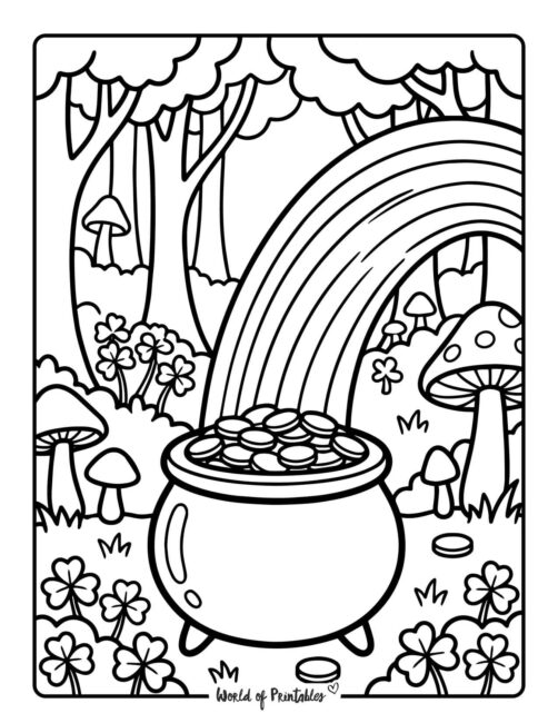 Forest Pot Of Gold Rainbow St Patricks Day Coloring Page