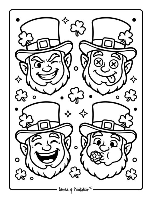 Funny Leprechaun Faces St Patricks Day Coloring Page