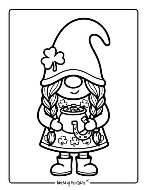 Girl Gnome With Pot Of Gold And Horseshoe Coloring Page