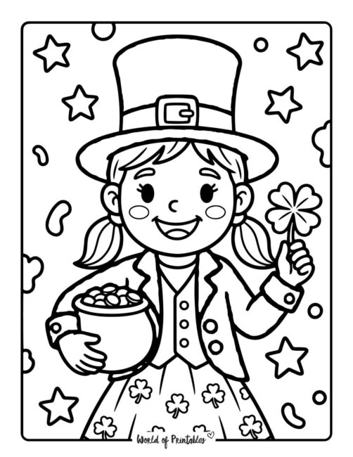 Girl Leprechaun With Pot Of Gold Coloring Page