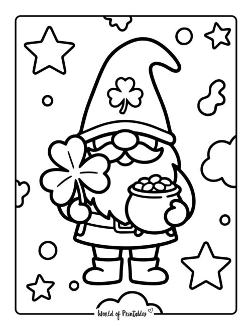 Gnome With Clover And Pot Of Gold St Patricks Day Coloring Page