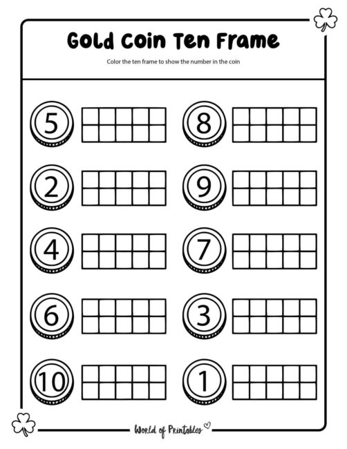 Gold Coin St Patricks Day ten frames for kindergarten