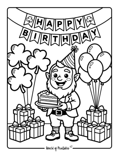 Happy Birthday Leprechaun Coloring Page