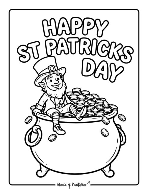 Happy St Patricks Day Leprechaun Pot Of Gold Coloring Page