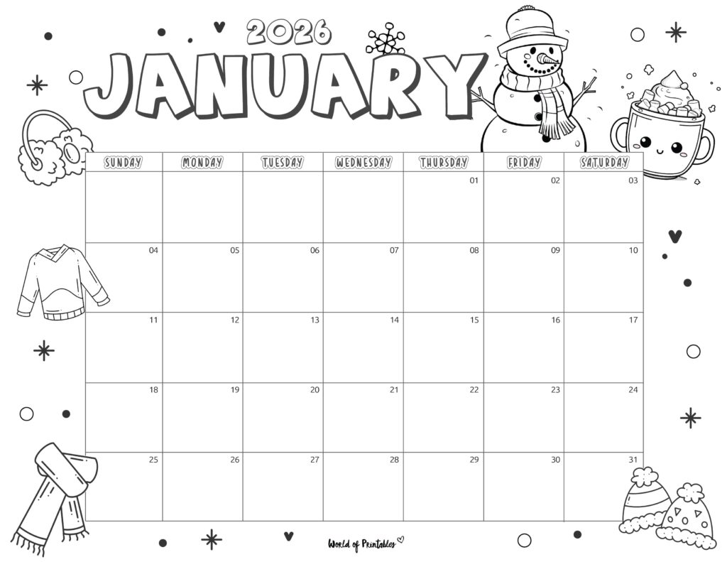 January 2026 calendar with cute winter-themed doodles and ample writing space